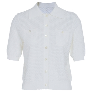 马天奴白色蚕丝棉翻领单排扣短袖格子提花针织开衫小衫上衣气质女