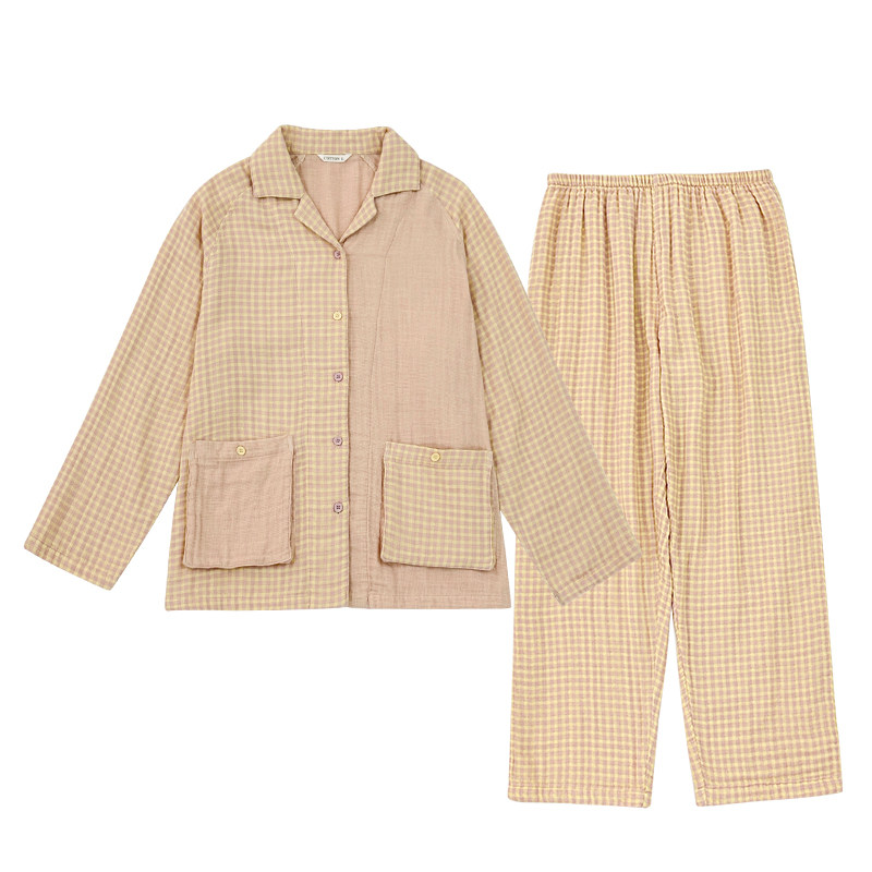 宜色一家秋款小暖流100%全棉四层纱睡衣女纯棉加厚情侣家居服套装