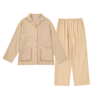 宜色家秋款小暖流经典款四层纱睡衣套装女纯棉加厚情侣家居服