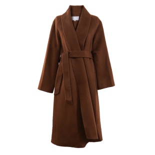 东黎山羊绒 2025新款女士拉毛长款无扣翻领双面羊绒系带大衣4A49