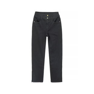 HeyDress加绒牛仔裤女秋冬法式高腰烟管裤黑色显瘦九分直筒裤子