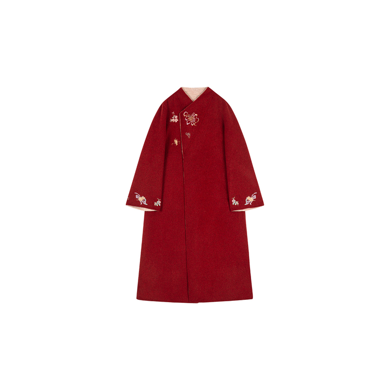 冯（CHAOMEI 【国色芳华】新中式羊毛大衣毛呢双面穿红色刺绣外套