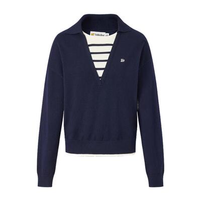 含绵羊毛假两件套头翻领针织衫