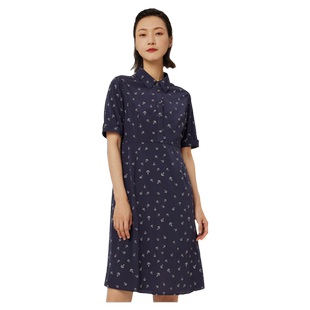 海尔曼斯方领桑蚕丝连衣裙中袖立裁收腰a字裙印花气质时尚真丝裙