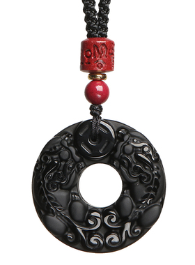 天然黑曜石双貔貅吊坠刻字定制男女本命年平安扣项链挂件补水饰品