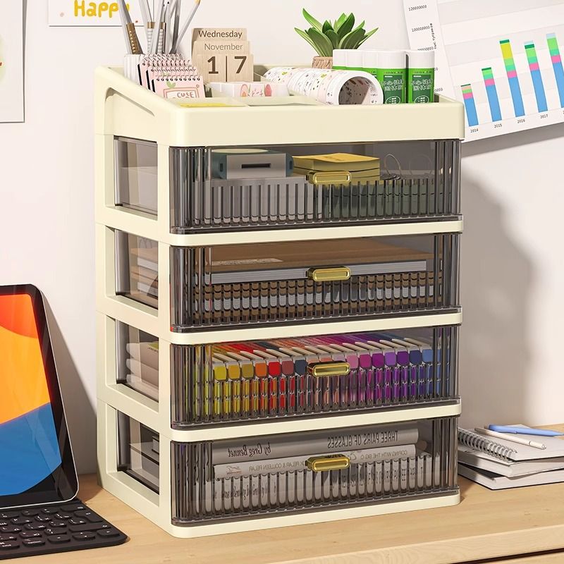 抽屉式桌面收纳盒办公室学生书桌整理透明置物架化妆品储物柜文具