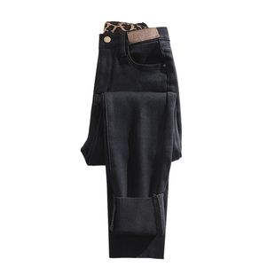 豹纹辣妹弹力裤女款九分裤紧身加绒小脚牛仔小个子秋冬配长靴裤子