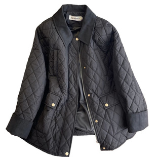 黑色菱格丝绒棉服外套女2025秋冬新款轻薄休闲棉衣拼接保暖棉袄潮