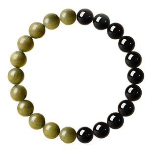 【普陀山直发】天然绿檀木黑曜石手串女补水木男士本命佛太岁手链