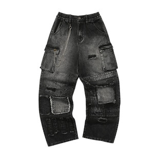 GENANX闪电潮牌2025秋季新品长裤子潮流嘻哈街舞宽松黑色男牛仔裤