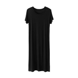 莫代尔圆领连衣裙女夏中长款开叉短袖T恤裙宽松打底裙大码休闲裙