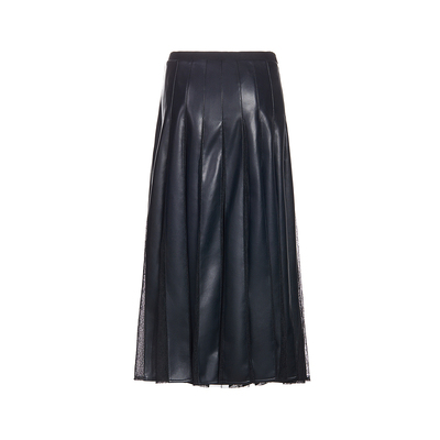 ochirly欧时力 PU皮中长半身裙2024新款夏装拼蕾丝a字褶裙高腰