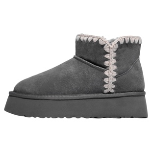 「鞋登」5cm棉鞋皮毛一体厚底灰色雪地靴女2026新款保暖加厚刺绣