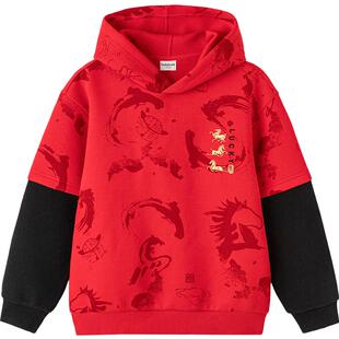巴拉巴拉童装男童卫衣长袖儿童2026新款春秋装连帽假两红色拜年服