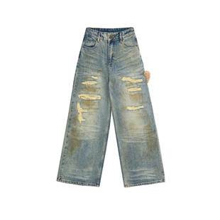 【王鹤润同款】LALABOBO24年冬季牛仔裤原创新款潮牌百搭破洞裤子