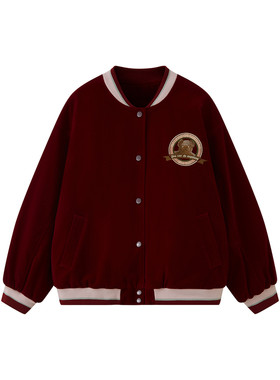 YUZI鱼子红色丝绒刺绣棒球棉服女