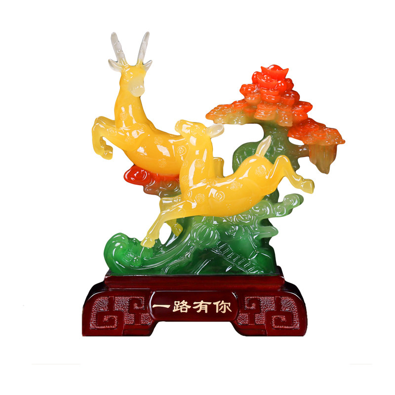 路路发财玉石对鹿摆件高档客厅电视酒柜玄关桌面装饰乔迁新居礼物