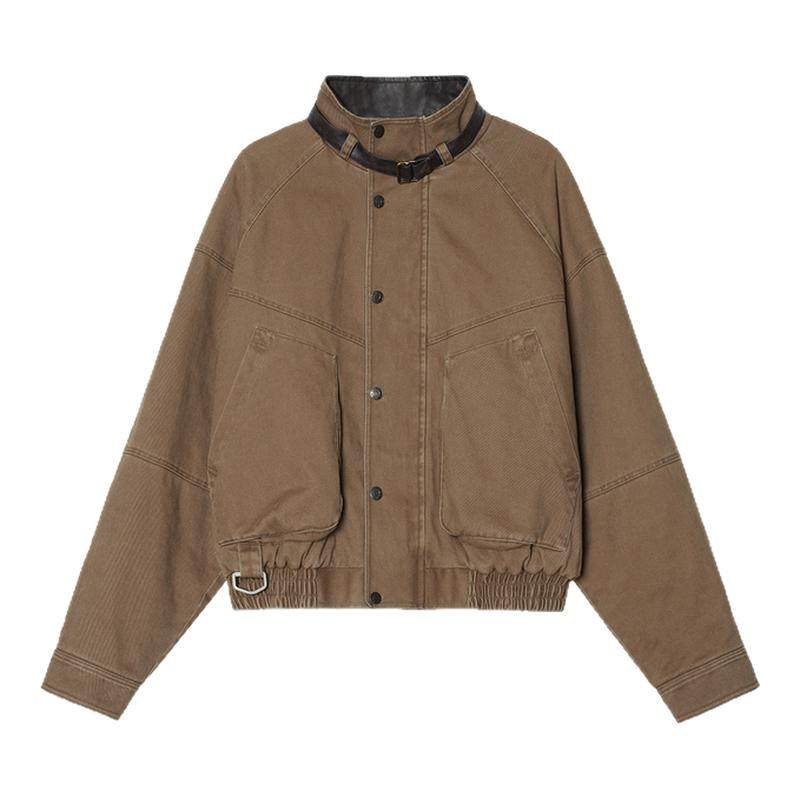 【多结构分割】Unvesno(UN)巴恩风复古洗褪皮领拼接短廓棉服保暖