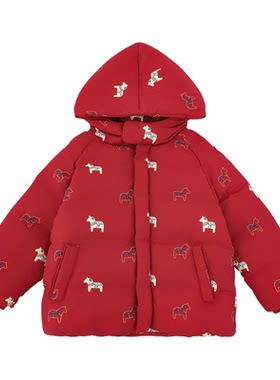 幼悠男童三明治架构小马年服棉服冬季蓬松柔软保暖锁温连帽外套潮