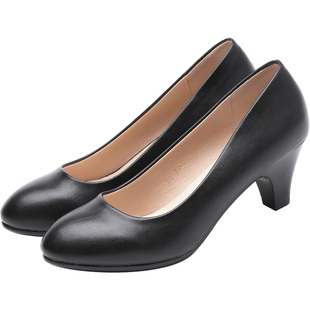 职业女鞋半高跟鞋黑色皮鞋空乘面试上班女单鞋圆头粗跟中跟工作鞋