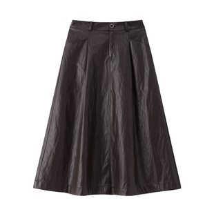 【罗马假日】CHICJOJO棕色半身裙女25冬新款A字复古长款皮裙伞裙