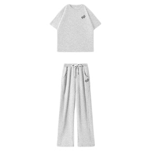 名创优品短袖套装女2026新款夏季灰色t恤裤子女士休闲运动两件套D