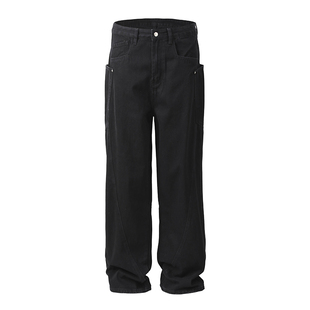 小众设计感弯刀裤男秋冬加绒黑色牛仔裤美式高街直筒休闲工装裤子