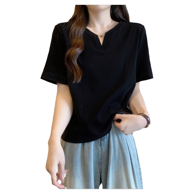 2024新款小V领半袖T恤女夏天韩版