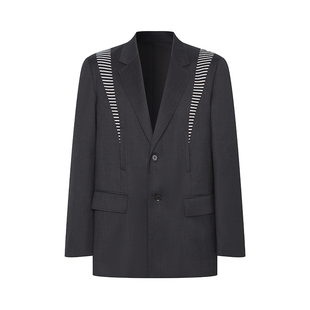 PIHO 复古宽松休闲设计感条纹撞色拼接羊毛印花廓形男款西装外套