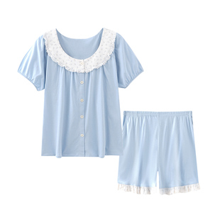 梦鸾纯棉女士睡衣夏季甜美花边短袖上衣短裤子外穿女款家居服套装