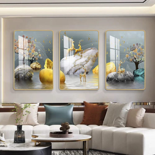 石来运转客厅装饰画现代简约沙发背景墙挂画轻奢麋鹿高档三联壁画