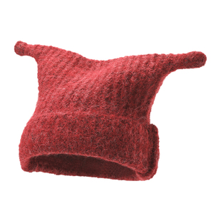 畹町针织帽女冬季保暖护耳安可拉红帽子可爱搞怪小触角包头毛线帽