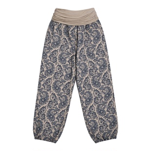 休闲复古宽松数码印花拼接褶皱束脚低腰长款阔腿哈伦裤女裤子