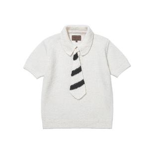 CycleDocument【赠送领带】羊毛混纺/复古波浪纱娃娃领短袖毛衣女