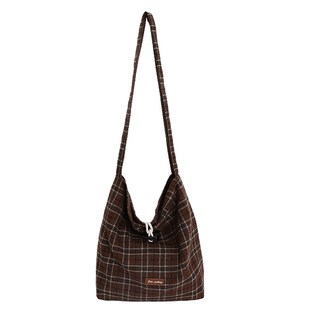 格子帆布包女2026新款韩系慵懒风大容量学生党上课通勤单肩斜挎包