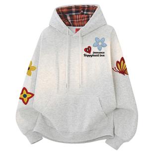 查尔斯桃心美式连帽卫衣男女冬季花卉蝴蝶印花加厚保暖情侣上衣潮