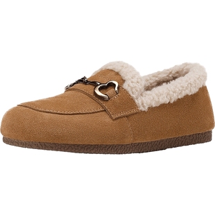 艾斯臣真皮乐福鞋女2024秋冬新款豆豆鞋一脚蹬百搭加绒加厚棉鞋