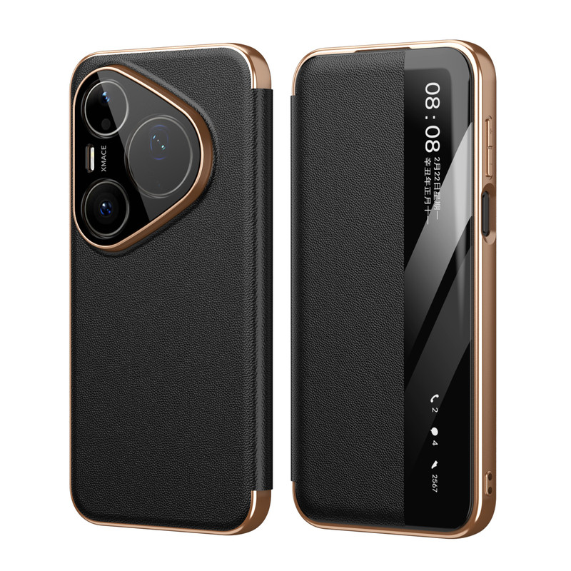 适用于华为pura90Pro牛皮智能视窗翻盖皮套自动息屏唤醒pura80Pro/pura70Pro