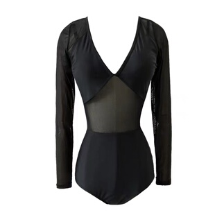 【腰精情书】OMOM高级感黑色高腰显瘦网纱性感连体长袖温泉泳衣女