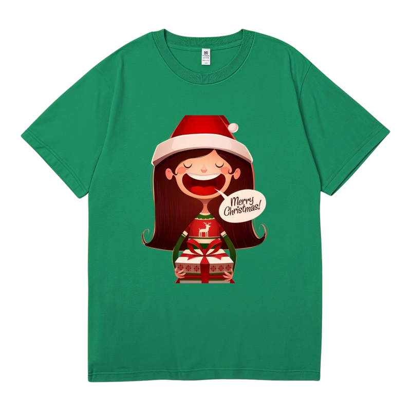圣诞节纯棉圆领短袖t恤MerryChristmasGirl2025新款宽松休闲短袖