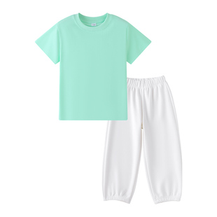 多巴胺儿童青春活力舞蹈演出服牛油果绿上衣白色裤子糖果色套装夏