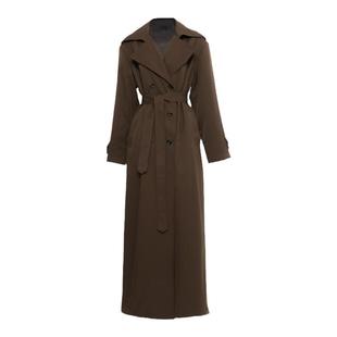 APOZi collection原创自制深棕色交叉领风衣超长大衣2023垫肩外套