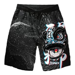 中国风国潮醒狮老夫子黑色醒狮沙滩裤短裤男大码印花宽松五分裤夏