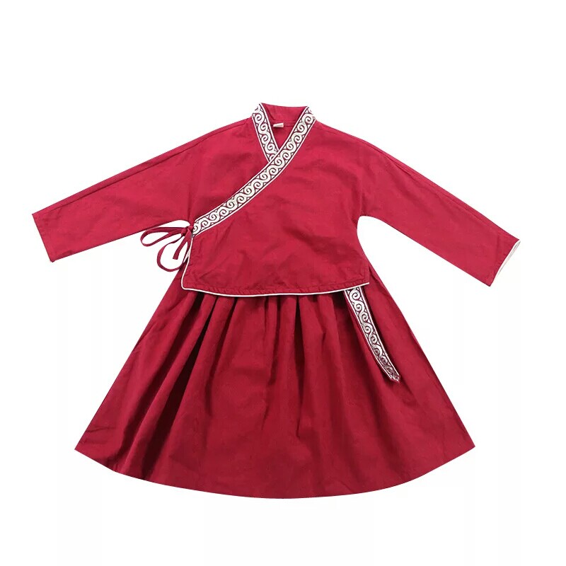 儿童汉服小女孩唐装棉麻春夏古装长袖幼儿宝宝红色套装女孩两件套