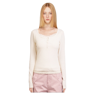 【官方正品】BM长袖假两件新款碎花打底纯欲风蕾丝边BM上衣T恤