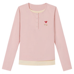 PSO Brand女装爱心气球小狗假两件亨利领撞色长袖T恤短款上衣秋季