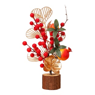 新年春节红色浆果金色叶子福桶装饰摆件喜庆手工年宵花玄关客厅