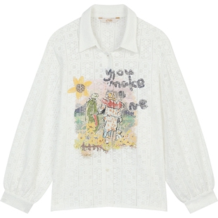 妖精的口袋原创印花镂空轻薄衬衫女2025年早秋新款休闲百搭上衣