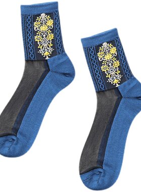 袜子女四季冰丝复古民族风提花中筒水晶丝袜女式薄棉底排汗玻璃袜