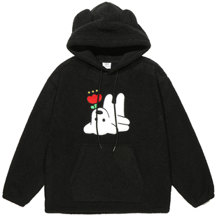 GUUKA&matsui联名小狗黑色连帽加绒卫衣男冬情侣泰迪绒加厚帽衫女